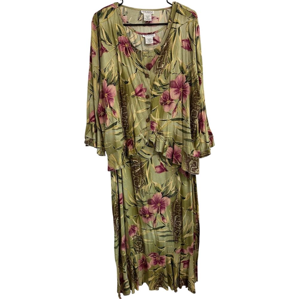 Vintage Paradiso 2 Piece Tropical Maxi Dress Set XL Floral Hawaiian Cardigan
